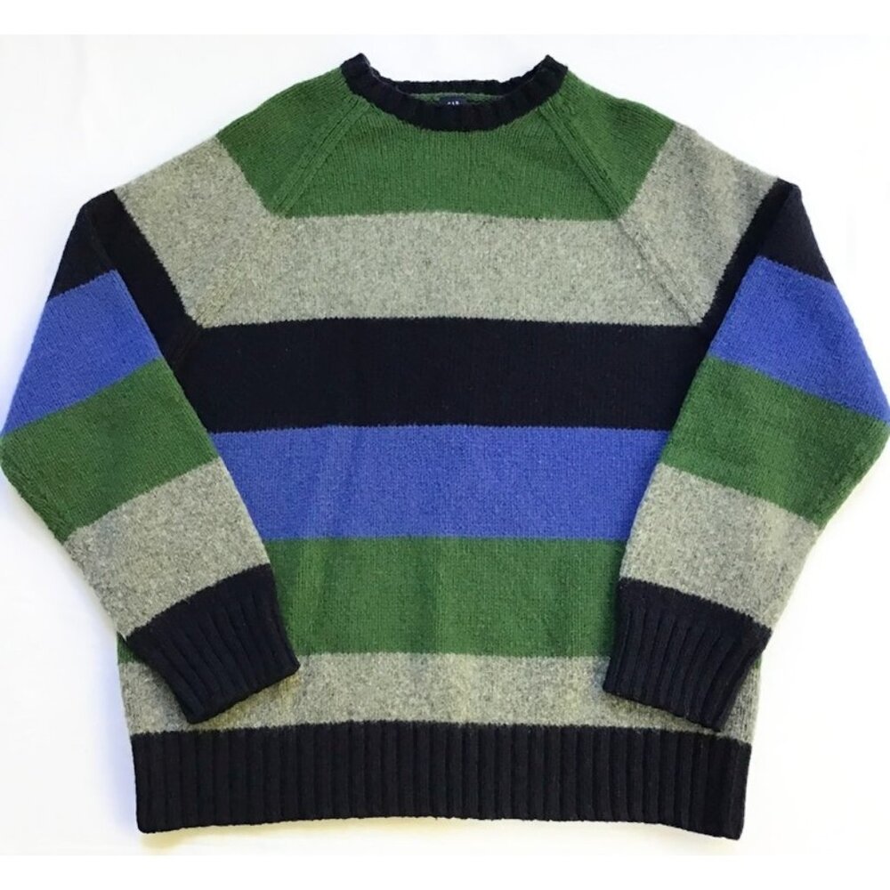Gap Lambswool Wide Stripe Sweater Mens M L Blue Green Crewneck Pullover Vtg Y2K